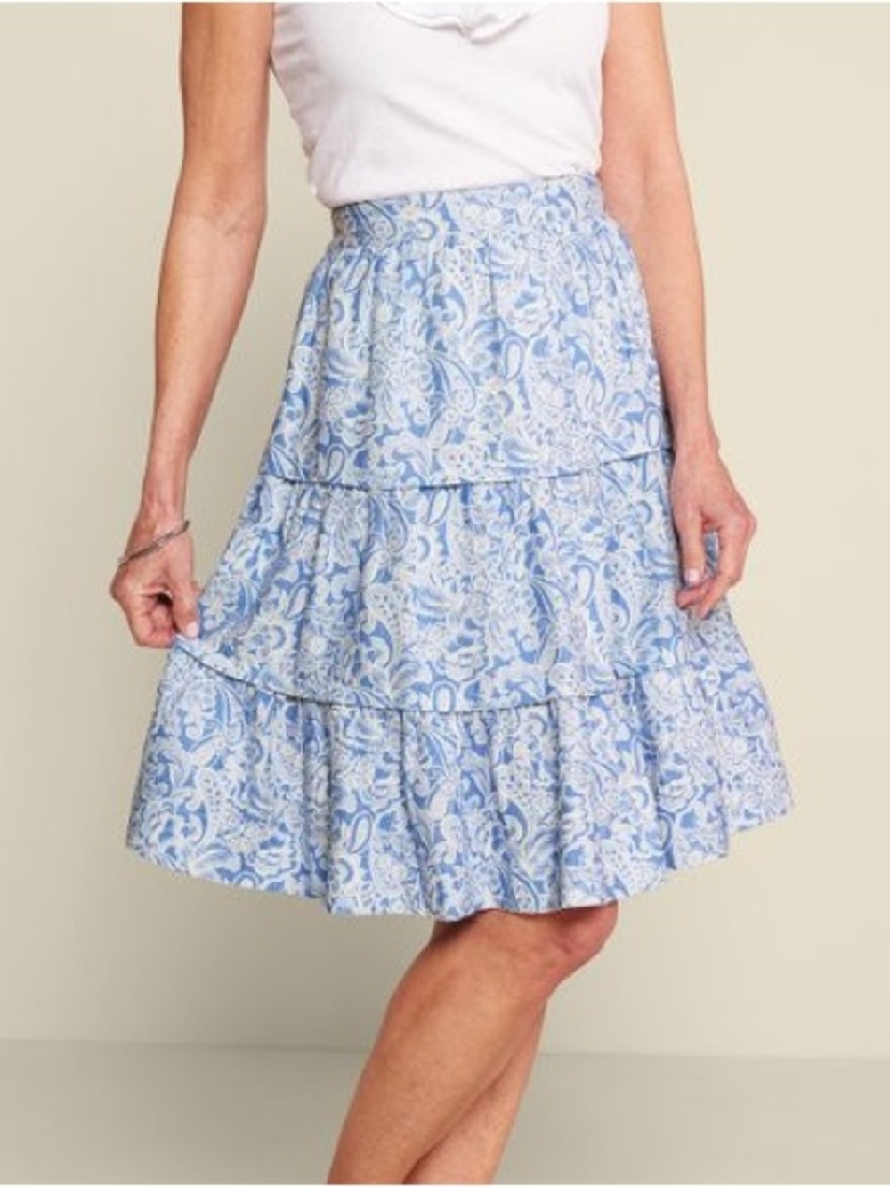 BNWT Soft Surroundings Talisa linen blend Blue Paisley Tiered A-Line Skirt sz L